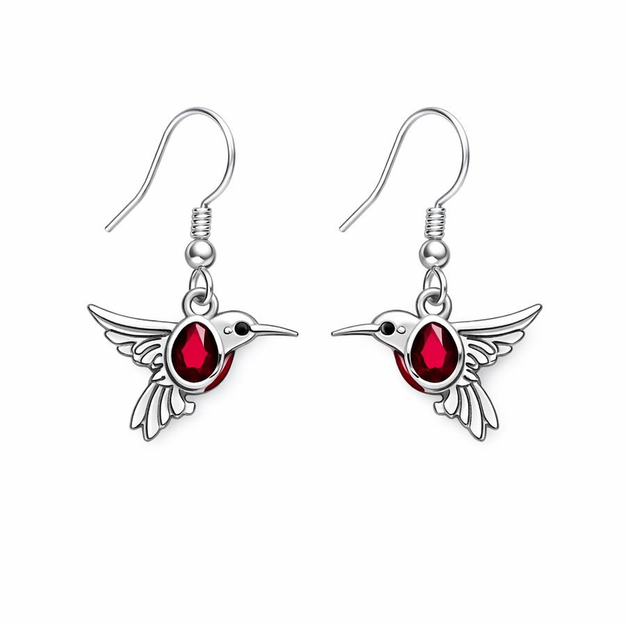 Aros Colgantes de Plata 925 con Pajaritos y Piedra Roja | Femeninos y Elegantes